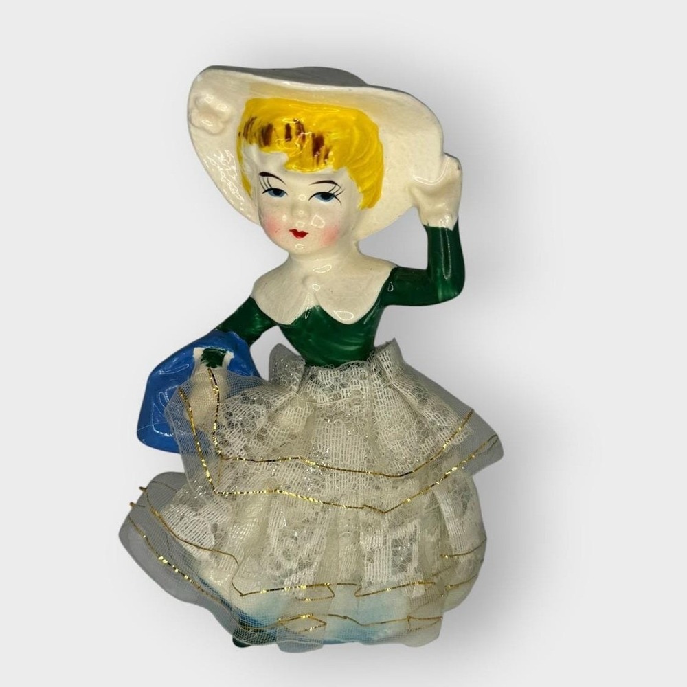 Vintage Japan Ceramic Figurine Lady Green Blue Dress Lace Skirt‎ Venus Gift Shop